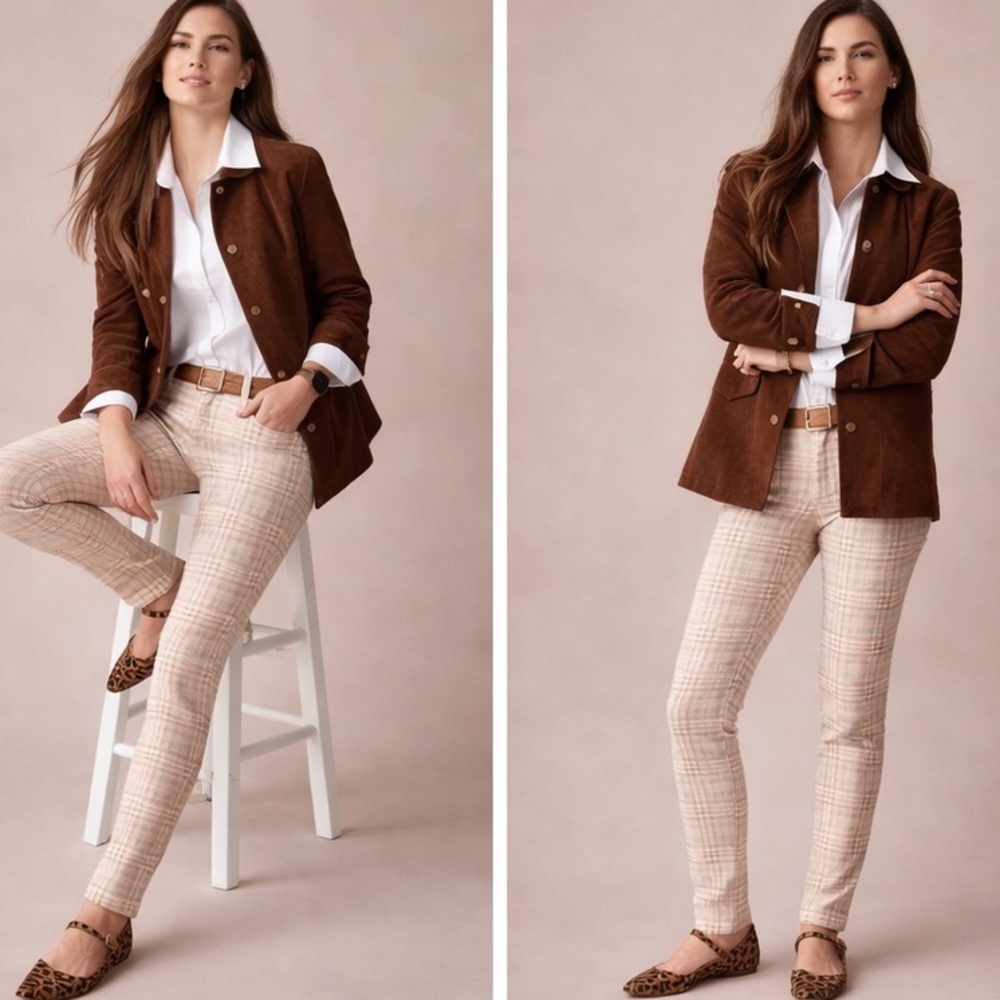 NWT J McLaughlin Lexi Jean Knit Hilltop Plaid Khaki Pink $178. 4 Way Stretch 12 - Picture 3 of 9